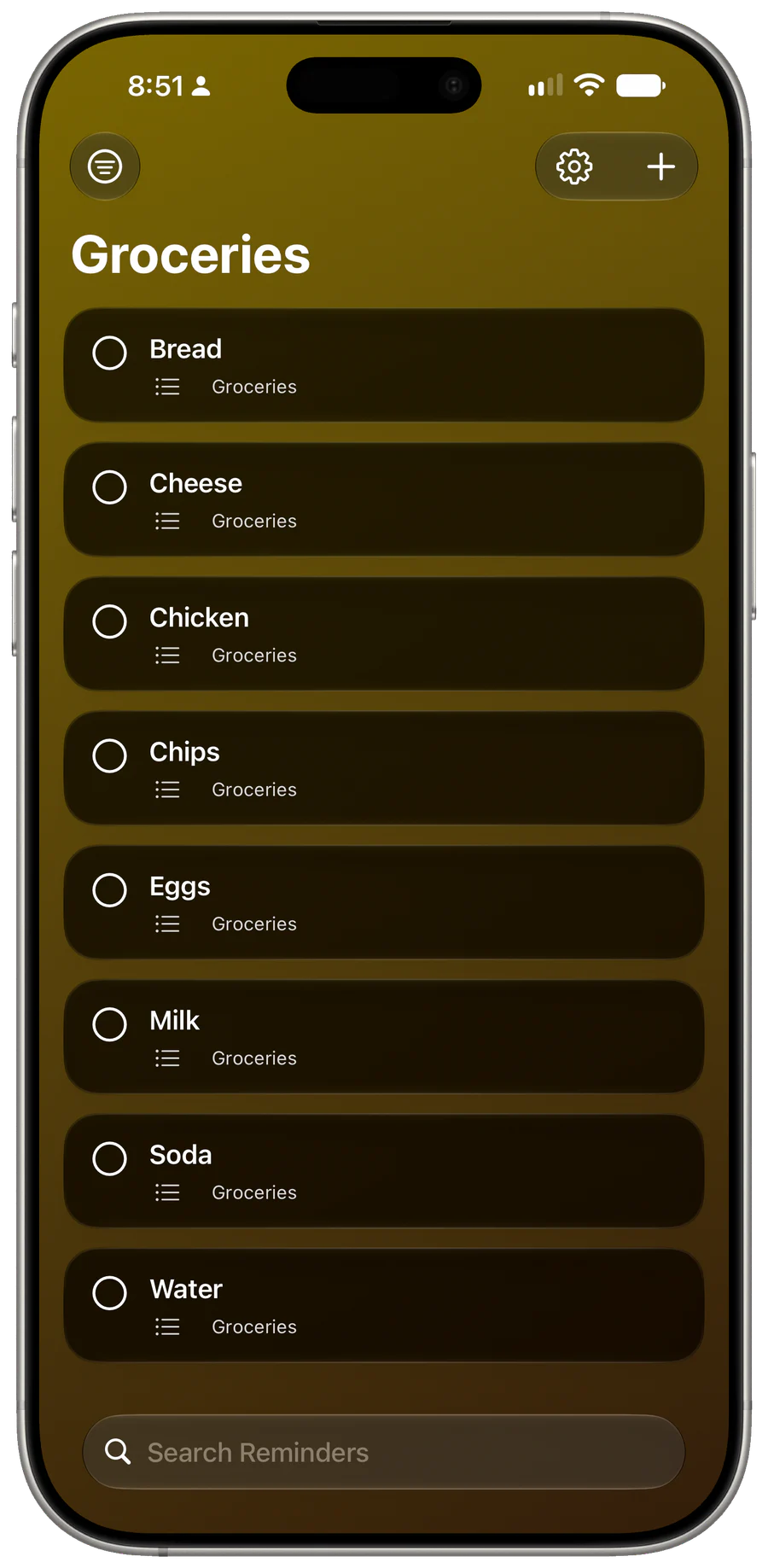 Widgetminder on iPhone showing reminders in the Groceries list