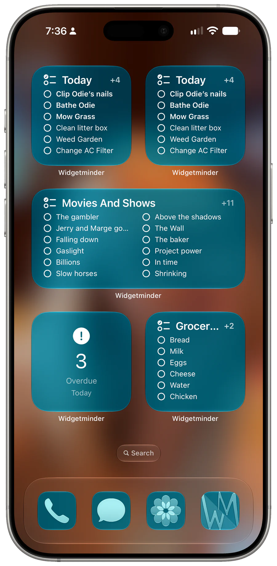 Widgetminder Home Screen widgets in blue